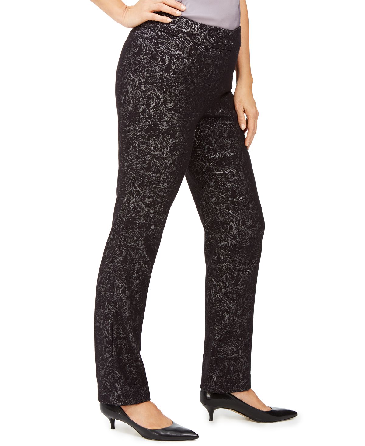 JM Collection Women's Jacquard Straight Leg Pants Black Size Petite X-Large