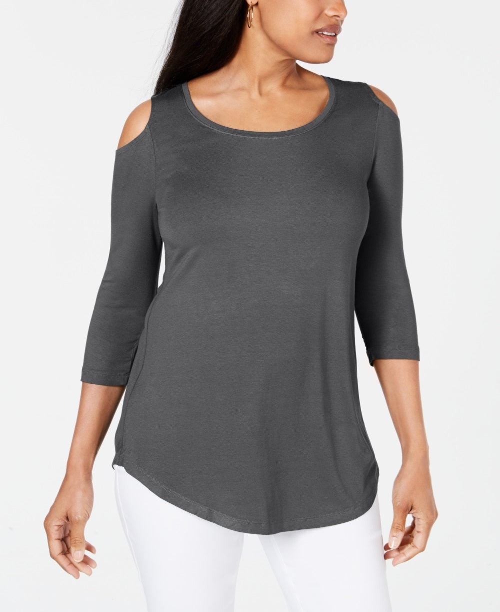 JM Collection Women's Cold Shoulder Top Charcoal Size Petite Small