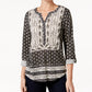 Style & Co Women's Petite Printed Peasant Top  Black Size PP