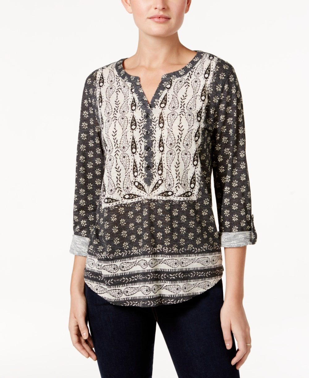 Style & Co Women's Petite Printed Peasant Top  Black Size PP