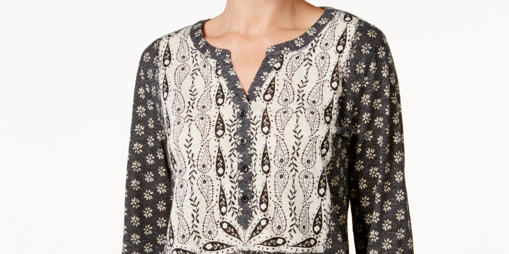 Style & Co Women's Petite Printed Peasant Top  Black Size PP