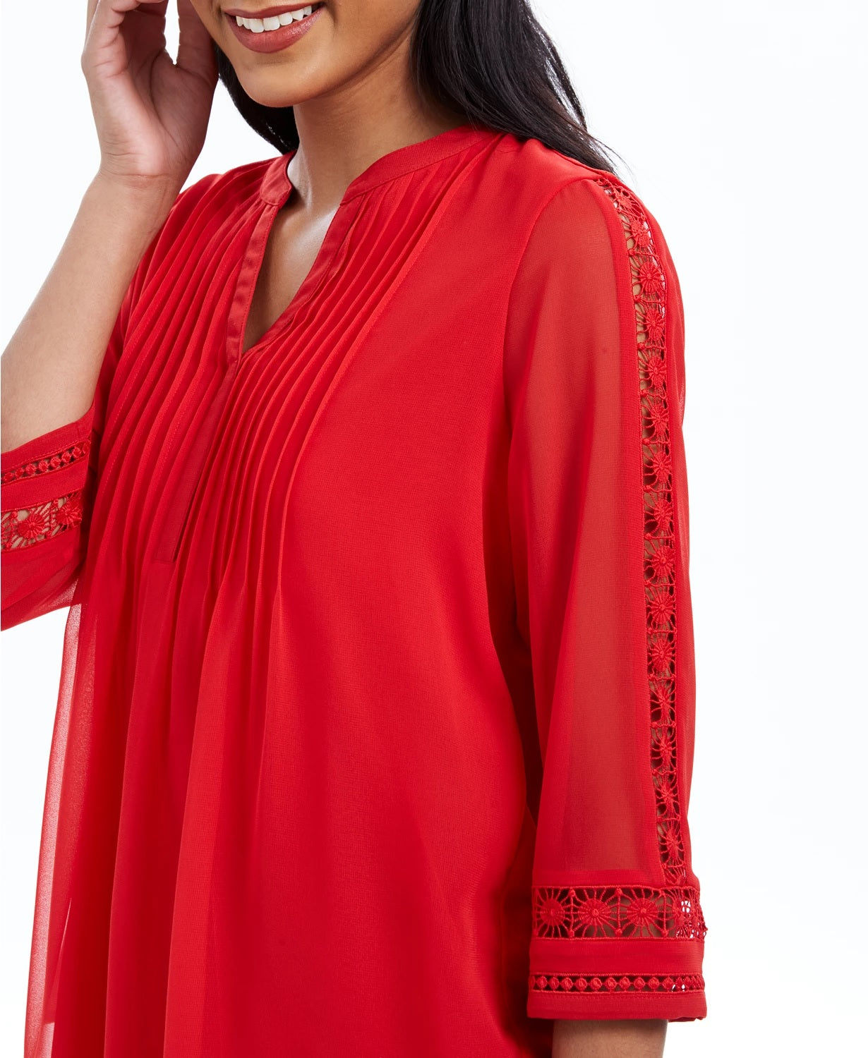 Charter Club Women's Sheer Sleeve Pintuck Top Red Size Petite Small-Medium