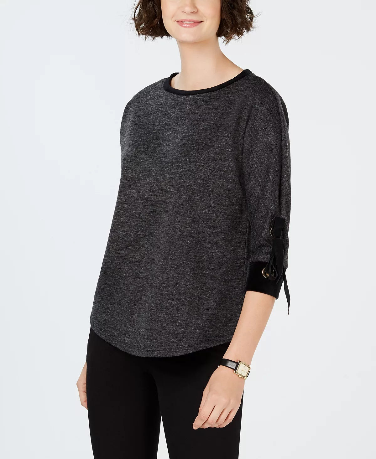 Charter Club Women's Cotton Velvet-Trim Lace-Up Top  Black PS