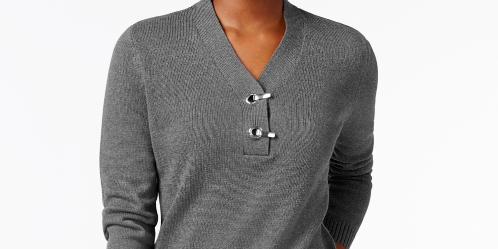 Karen Scott Women's Cotton Toggle Henley Sweater Charcoal Size Petite Small