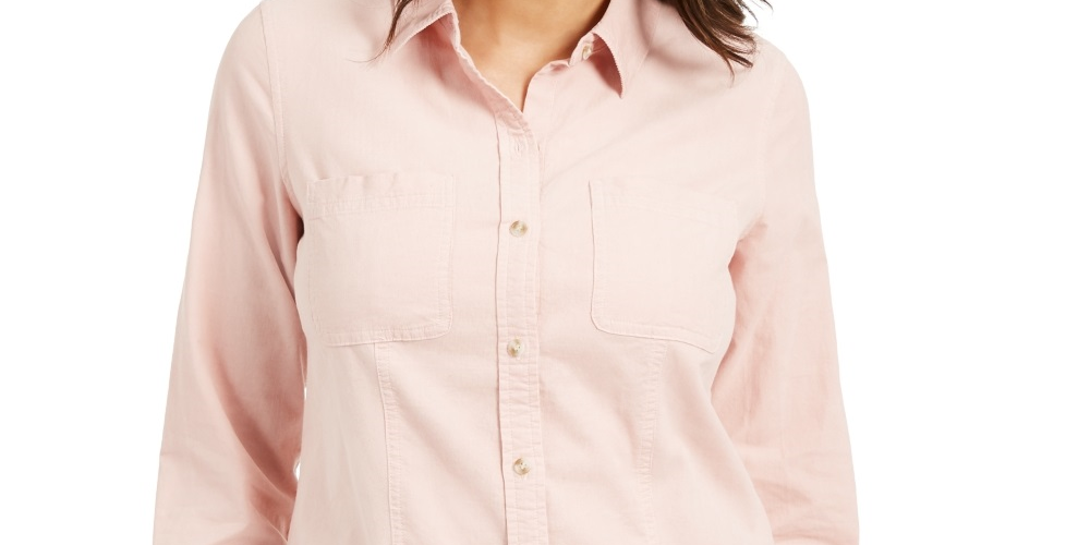 Charter Club Women's Button Down Cotton Corduroy Shirt Pink Size Petite Small