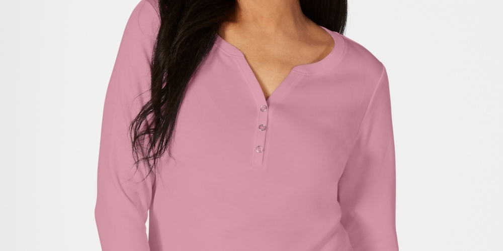 Karen Scott Women's Petite Cotton Henley Shirt Pink PS/M