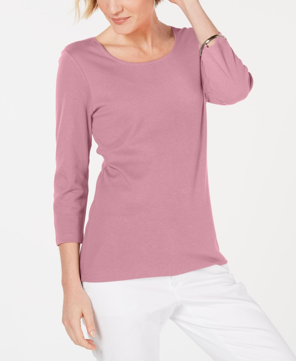 Karen Scott Women's Petite Cotton Scoop-Neck Top Pink Size PS/M