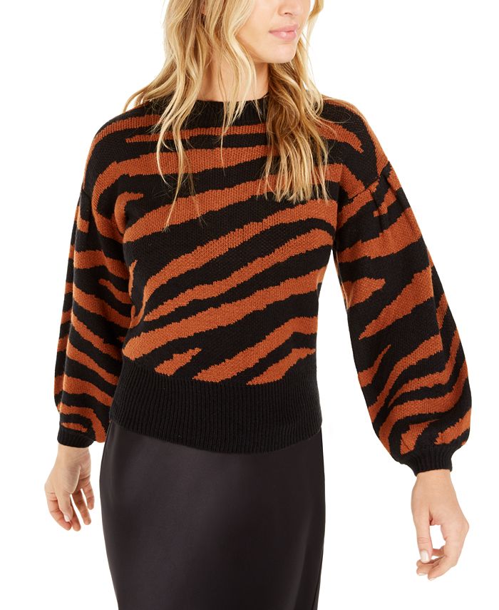 Bar III Women's Zebra Print Volume Sleeve Sweater Brown Size M