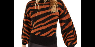 Bar III Women's Zebra Print Volume Sleeve Sweater Brown Size M