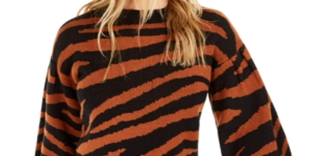 Bar III Women's Zebra Print Volume Sleeve Sweater Brown Size M