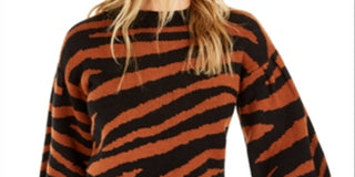 Bar III Women's Zebra Print Volume Sleeve Sweater Brown Size M
