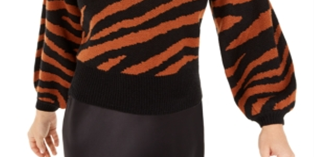 Bar III Women's Zebra Print Volume Sleeve Sweater Brown Size M