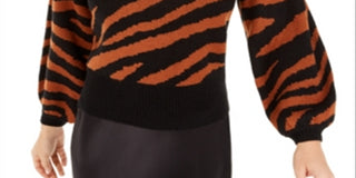 Bar III Women's Zebra Print Volume Sleeve Sweater Brown Size M