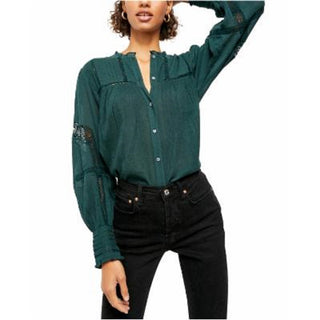 Free People Women's Emma Eyelet Button Down Blouse Green Size X-Small