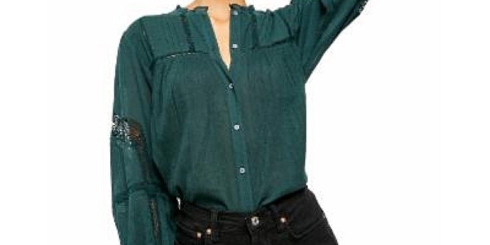 Free People Women's Emma Eyelet Button Down Blouse Green Size X-Small