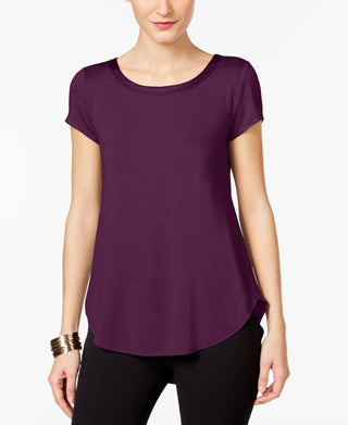 Alfani Women's Petite Satin-Trim High-Low T-Shirt Fig Purple PS/M