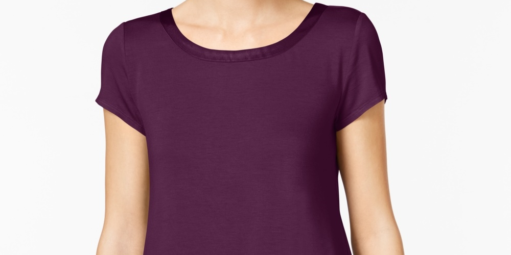 Alfani Women's Petite Satin-Trim High-Low T-Shirt Fig Purple PS/M