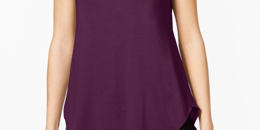 Alfani Women's Petite Satin-Trim High-Low T-Shirt Fig Purple PS/M