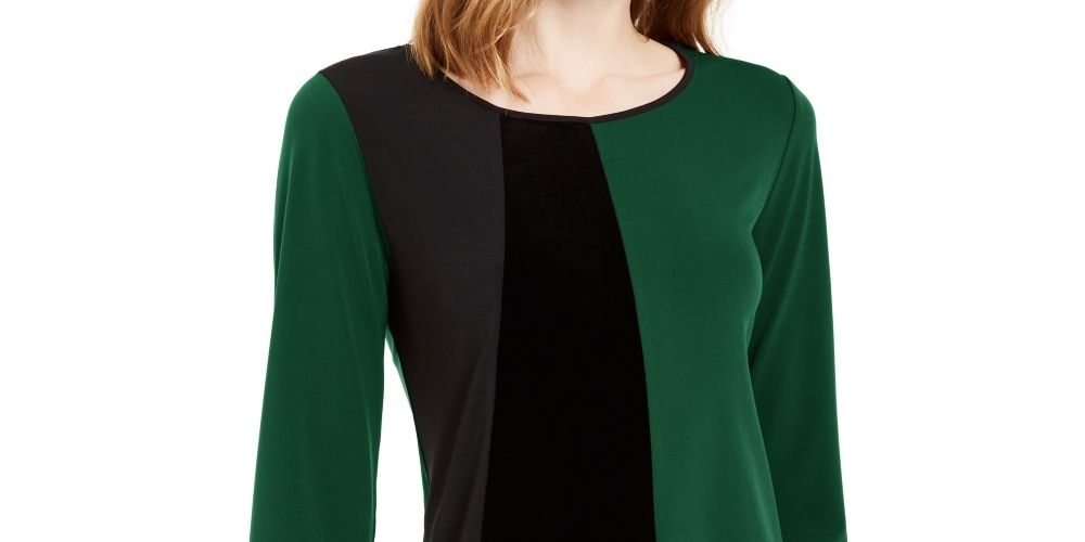 Alfani Women's Asymmetrical Hem Colorblocked Top Green Size Petite Medium