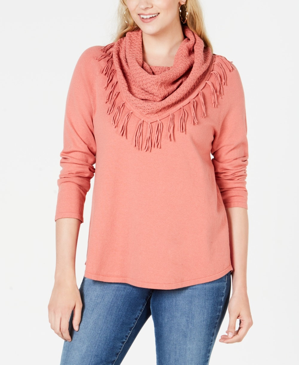 Style & Co Women's Petite Fringed Cowl-Neck Sweater  Pink Size PM