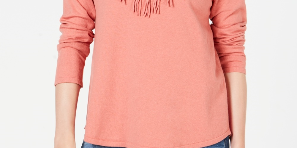 Style & Co Women's Petite Fringed Cowl-Neck Sweater  Pink Size PM