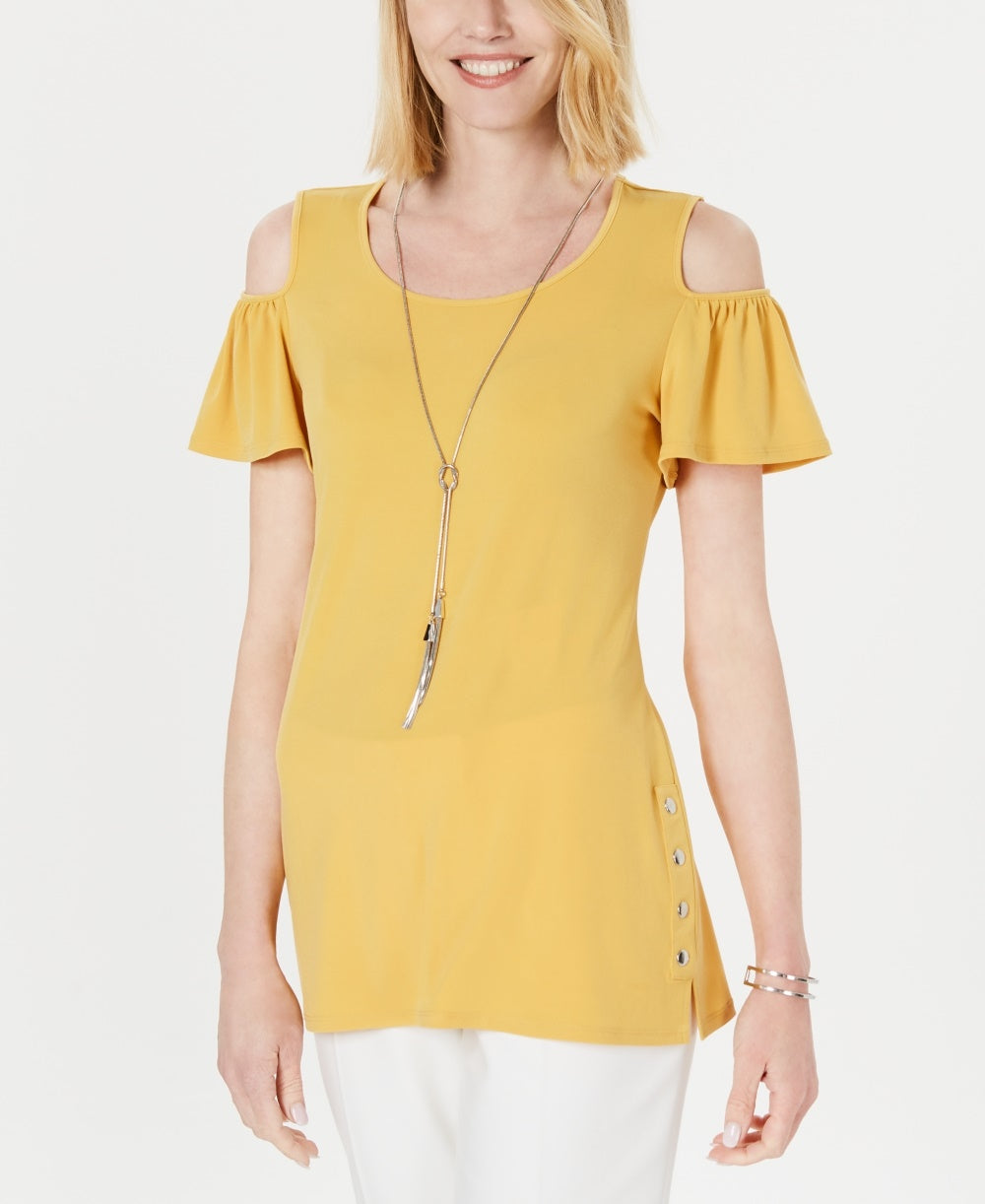 JM Collection Women's Cold Shoulder Necklace Flutter Sleeve Top Yellow Size Medium