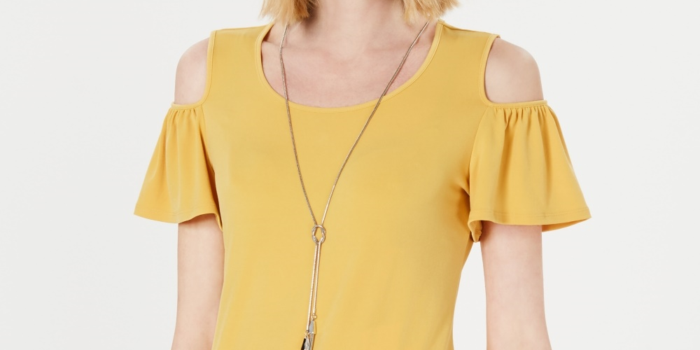 JM Collection Women's Cold Shoulder Necklace Flutter Sleeve Top Yellow Size Medium