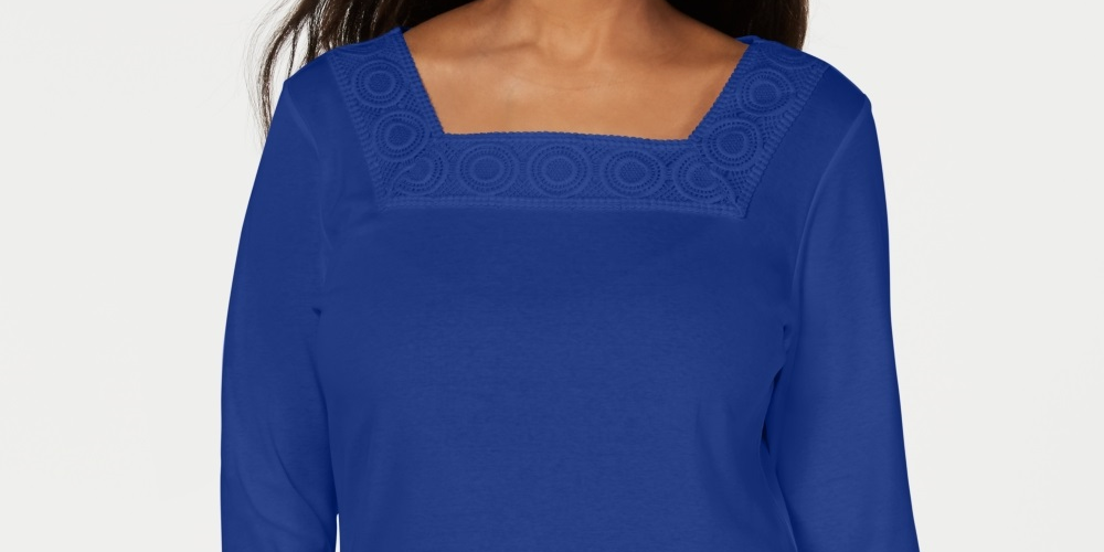 Karen Scott Women's Crochet Square Neck Top Blue Size X-Small