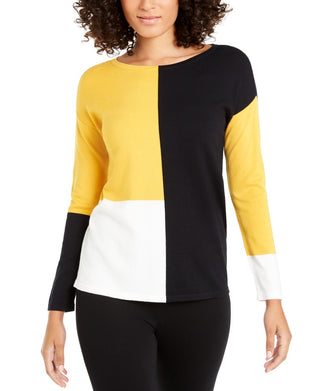 Alfani Women's Drop Shoulder Colorblocked Top Yellow Size Petite Small