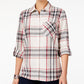 Style & Co Women's Petite Cotton Tab-Sleeve Plaid Shirt Black PM