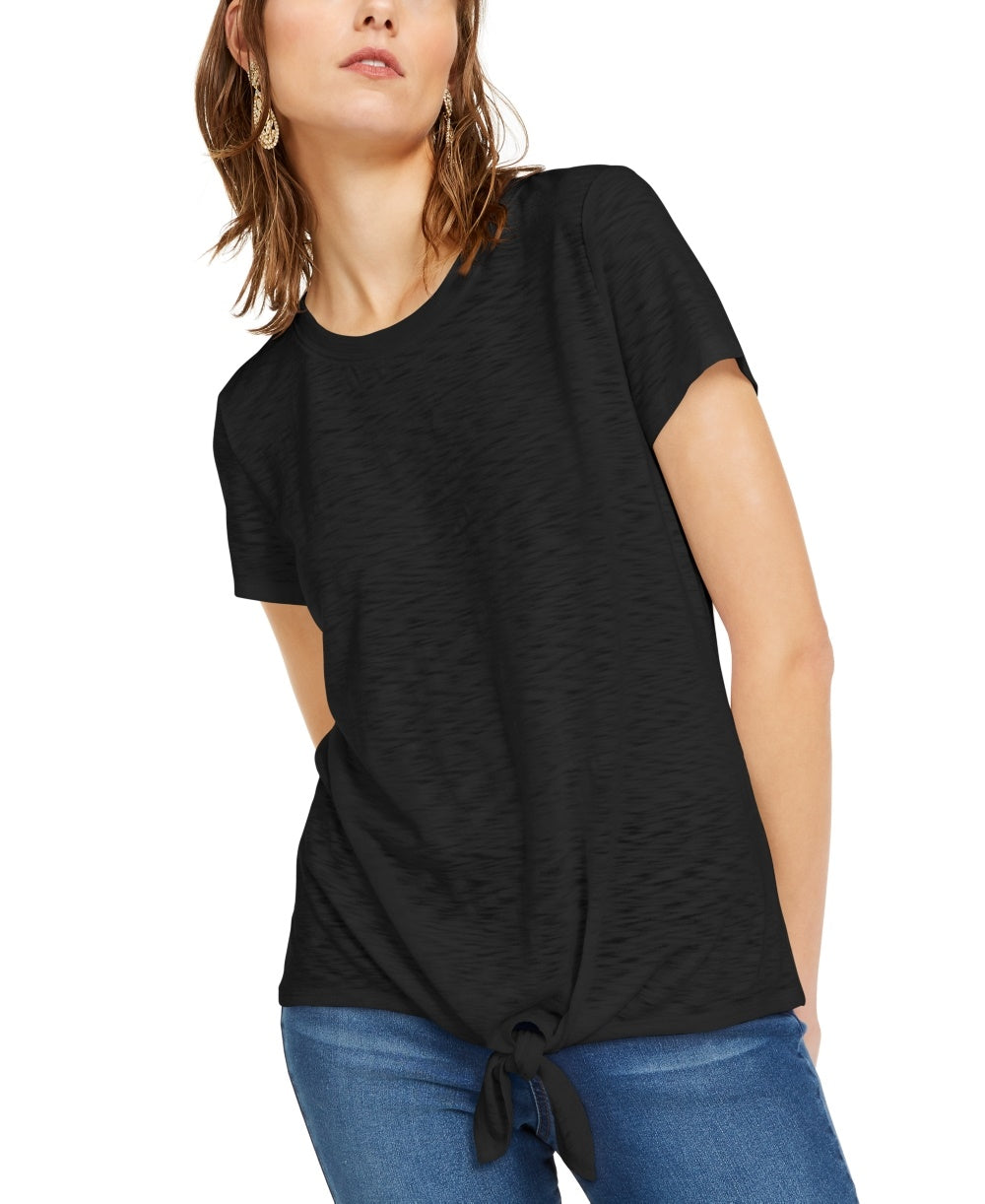 INC International Concepts Women's Tie-Front T-Shirt Black Size Petite Medium