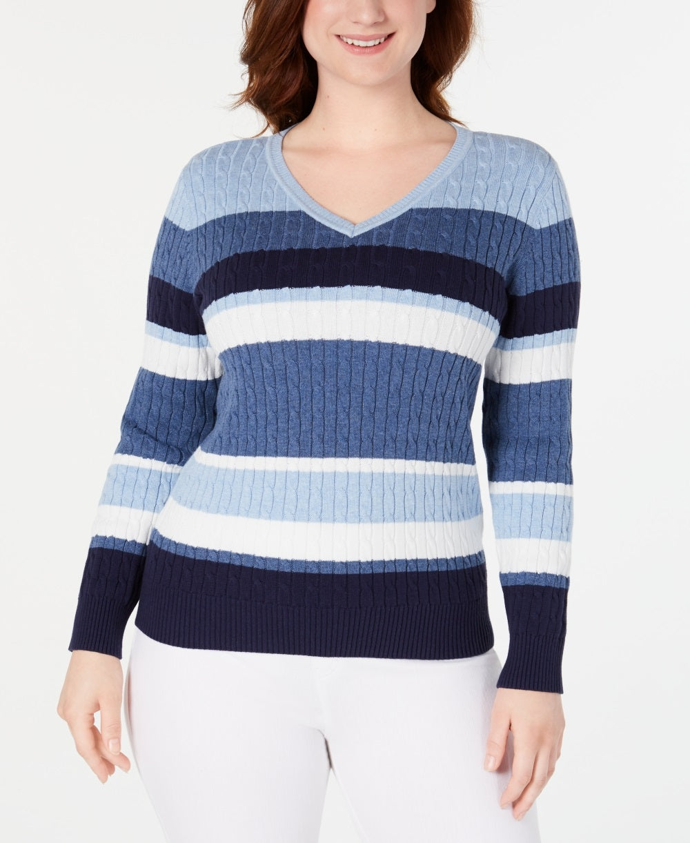 Karen Scott Women's Cotton Striped Cable Knit Sweater Blue Size PL