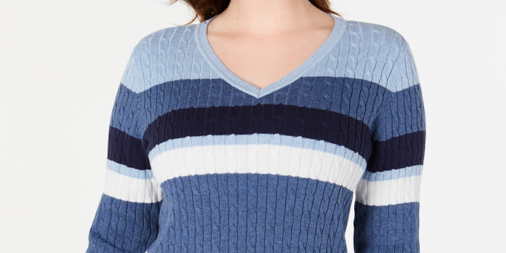 Karen Scott Women's Cotton Striped Cable Knit Sweater Blue Size PL