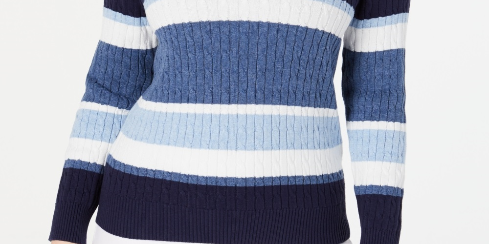 Karen Scott Women's Cotton Striped Cable Knit Sweater Blue Size PL