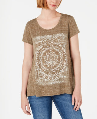 Style & Co. Women's Printed Short Sleeve Jewel Neck T Shirt Top Brown Size Medium