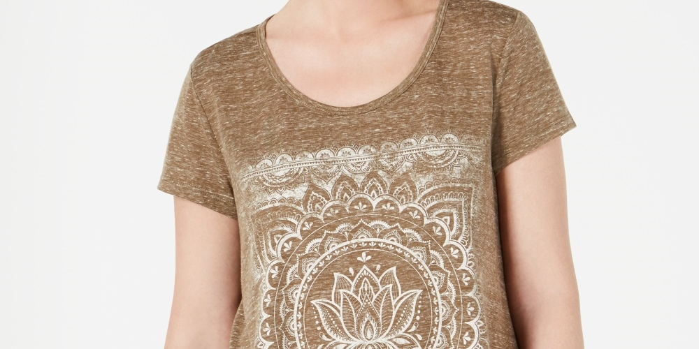 Style & Co. Women's Printed Short Sleeve Jewel Neck T Shirt Top Brown Size Medium