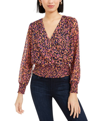 Bar III Women's Smocked Surplice Top Purple Size Small