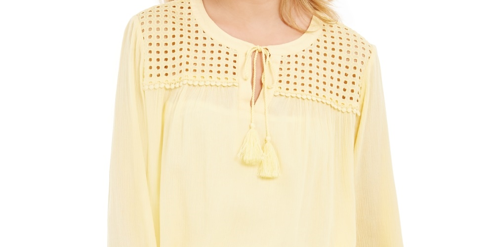 Charter Club Women's Tassel-Tie Eyelet Linen Top  Yellow Size Medium