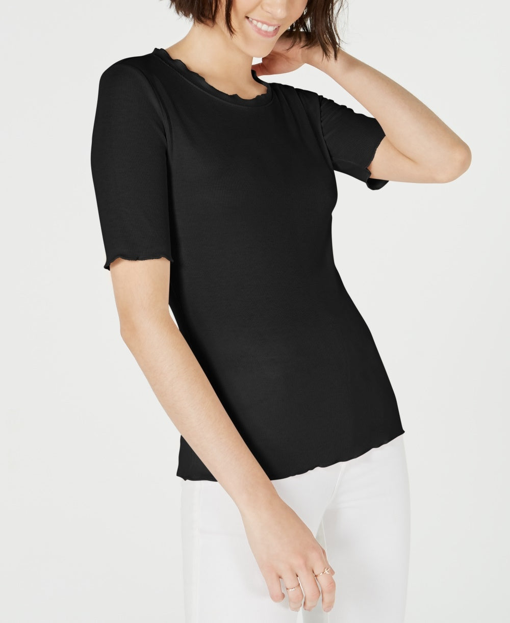 Maison Jules Women's Crewneck Elbow-Sleeve Top Black Size X-Large