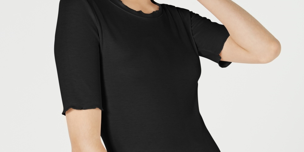 Maison Jules Women's Crewneck Elbow-Sleeve Top Black Size X-Large