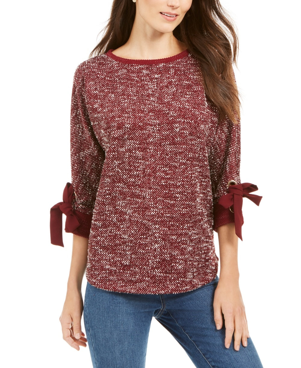Charter Club Women's Bow Cuff Marled Top Red Size PM