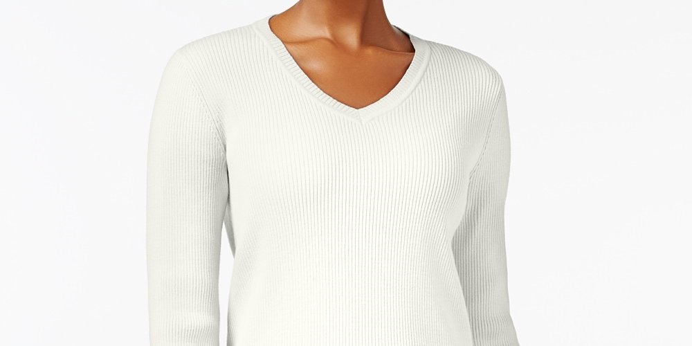 Karen Scott Women's Petite Ribbed-Knit Cotton Sweater White Size PS