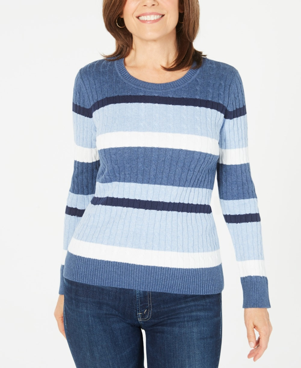 Karen Scott Women's Cotton Striped Cable Knit Sweater Blue Size Petite Small