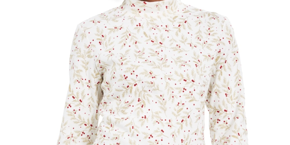 Karen Scott Women's Wheat Fields Printed Mock Neck Top White Size Petite Small