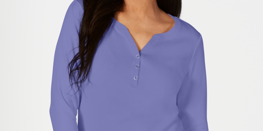 Karen Scott Women's Petite Cotton Henley Shirt  Purple Size Petite