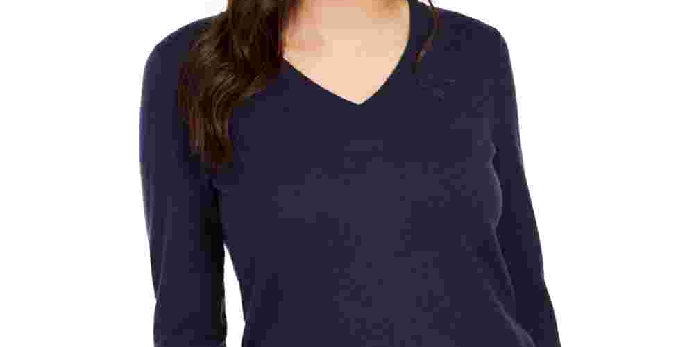 Charter Club Women's Solid Long Sleeve V Neck Blouse Top Blue Size Medium