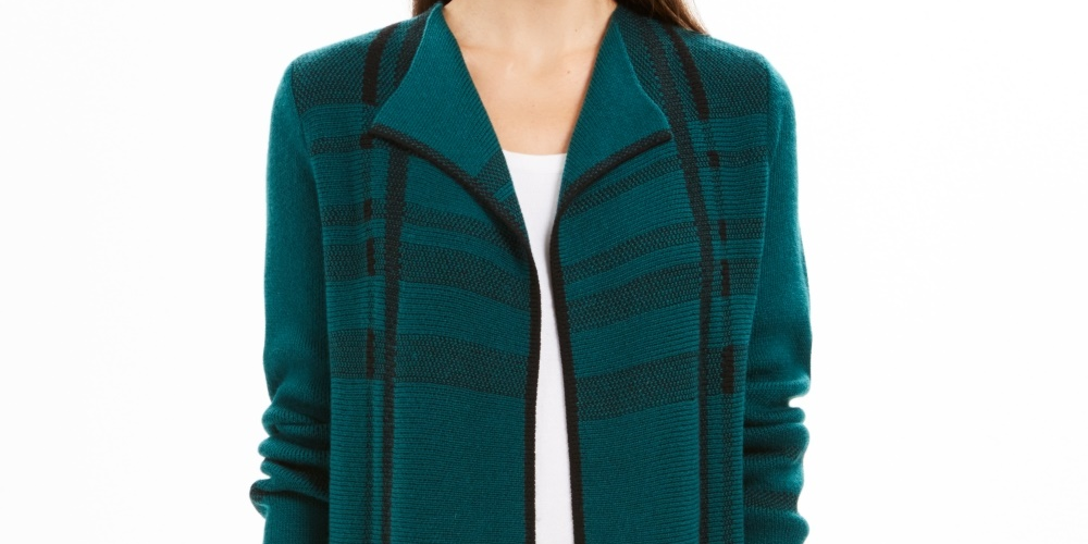 Charter Club Women's Plaid Open-Front Cardigan  Green Size Large