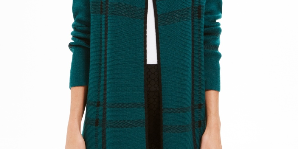 Charter Club Women's Plaid Open-Front Cardigan  Green Size Large