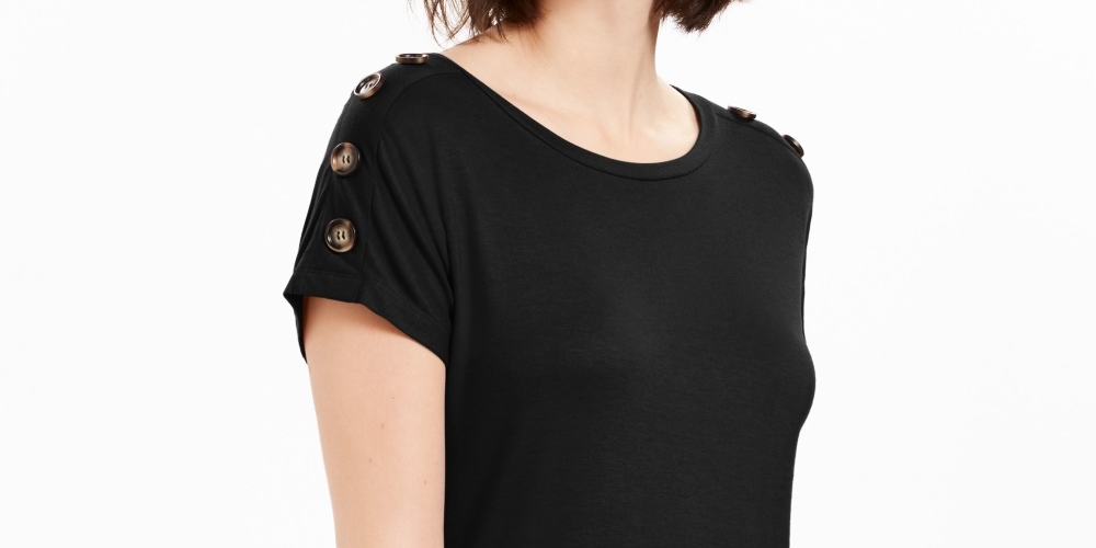 NY Collection Women's Button Sleeve Top Black Size Petite Medium