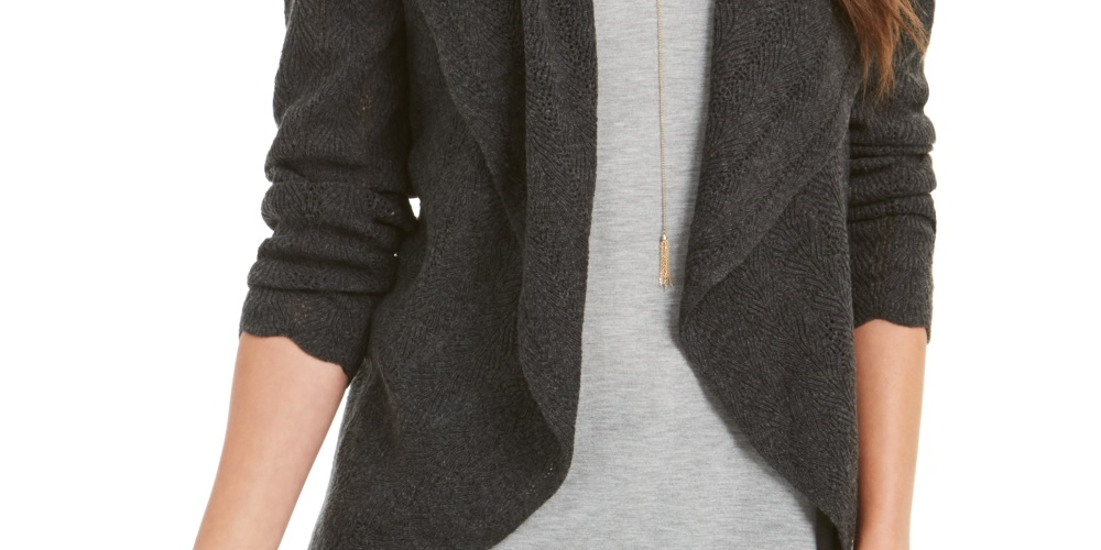 Style & Co Women's Petite Pointelle Shawl-Collar Cardigan Gray PS